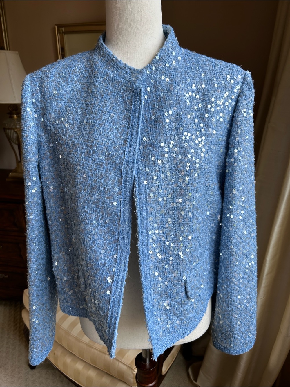NWT Zara Periwinkle Blue Sequined Tweed Lady Jacket XL - Picture 4 of 14